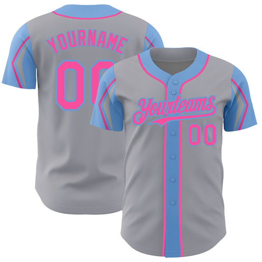 Custom Gray Pink-Light Blue 3 Colors Arm Shapes Authentic Baseball Jersey - Main View