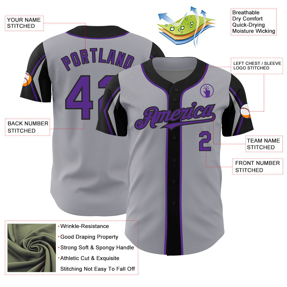 Custom Gray Purple-Black 3 Colors Arm Shapes Authentic Baseball Jersey view 4