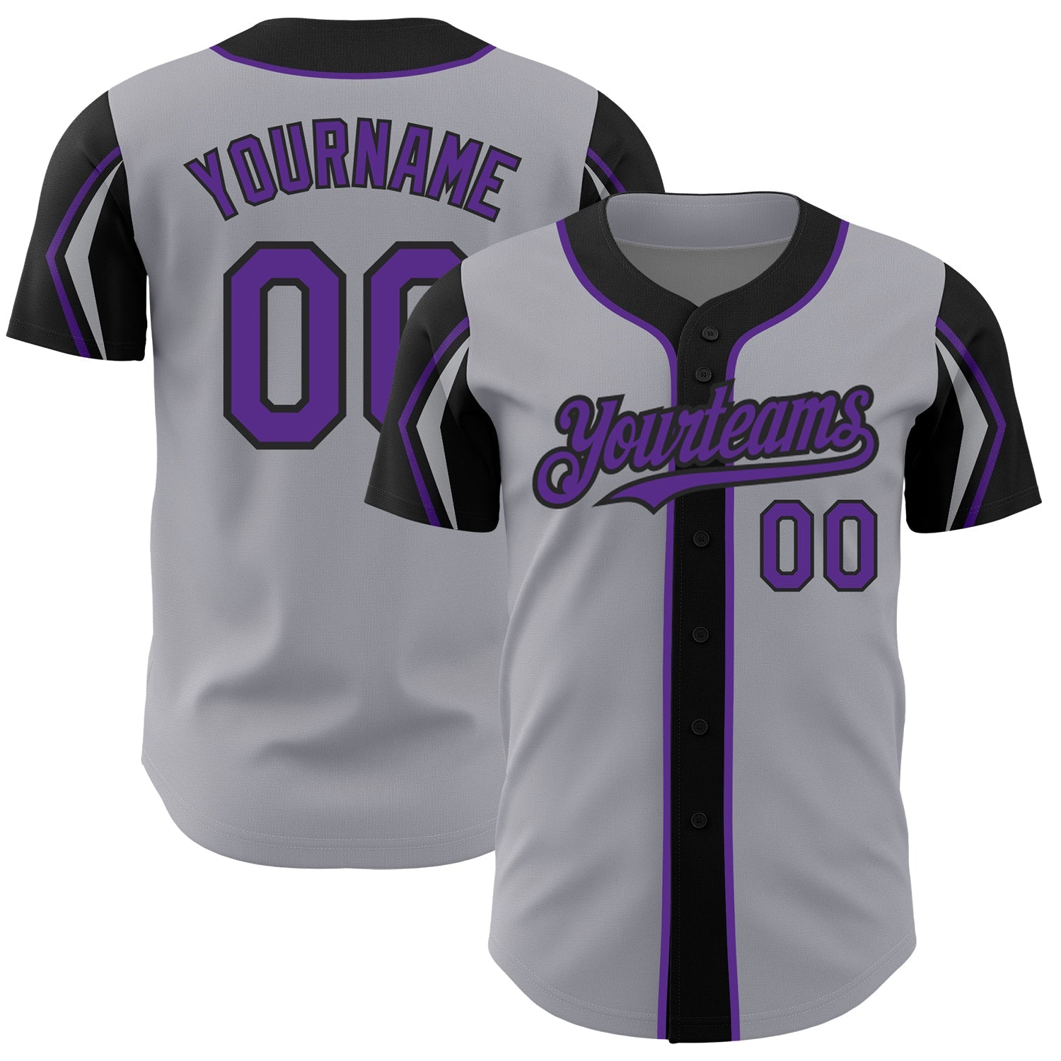 Custom Gray Purple-Black 3 Colors Arm Shapes Authentic Baseball Jersey - Main View
