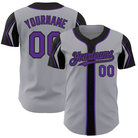 Custom Gray Purple-Black 3 Colors Arm Shapes Authentic Baseball Jersey - Main View