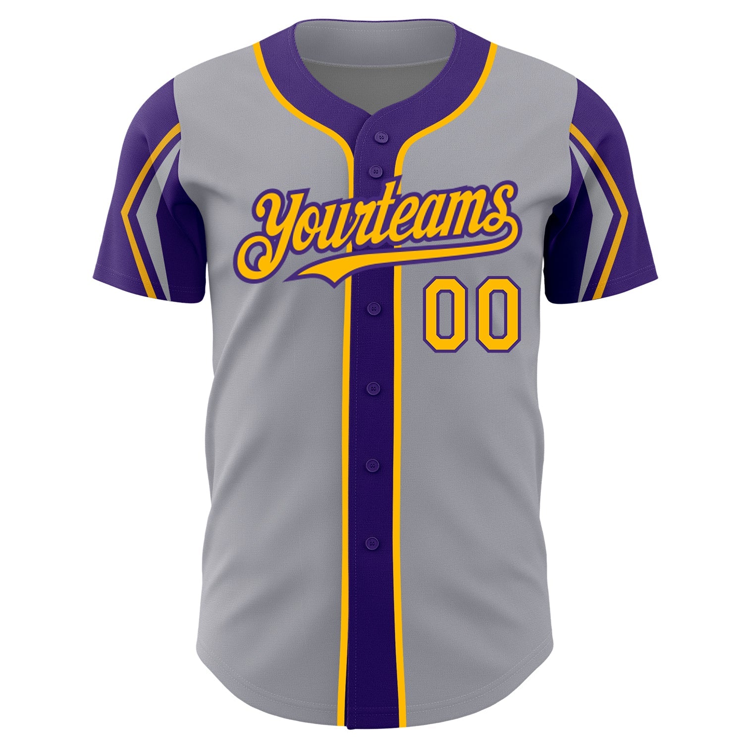 Custom Gray Gold-Purple 3 Colors Arm Shapes Authentic Baseball Jersey view 3