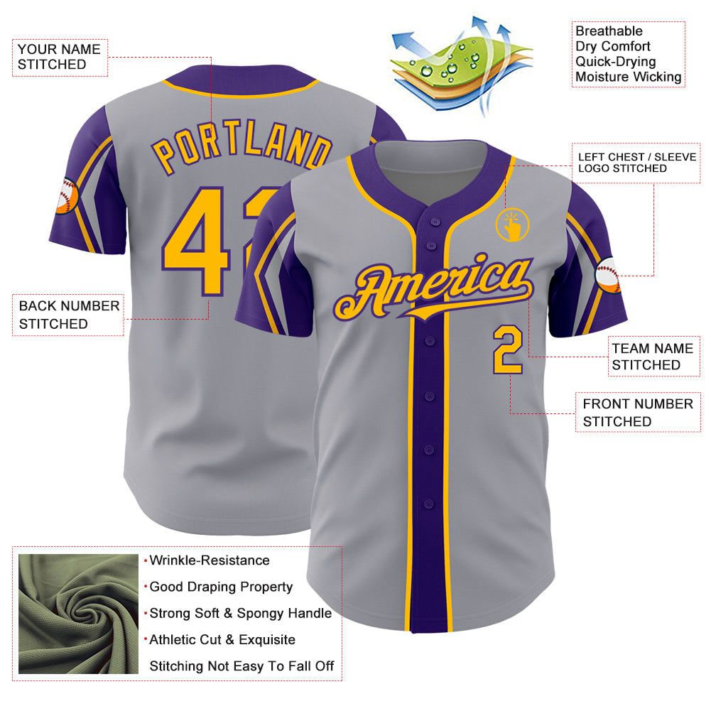 Custom Gray Gold-Purple 3 Colors Arm Shapes Authentic Baseball Jersey view 4