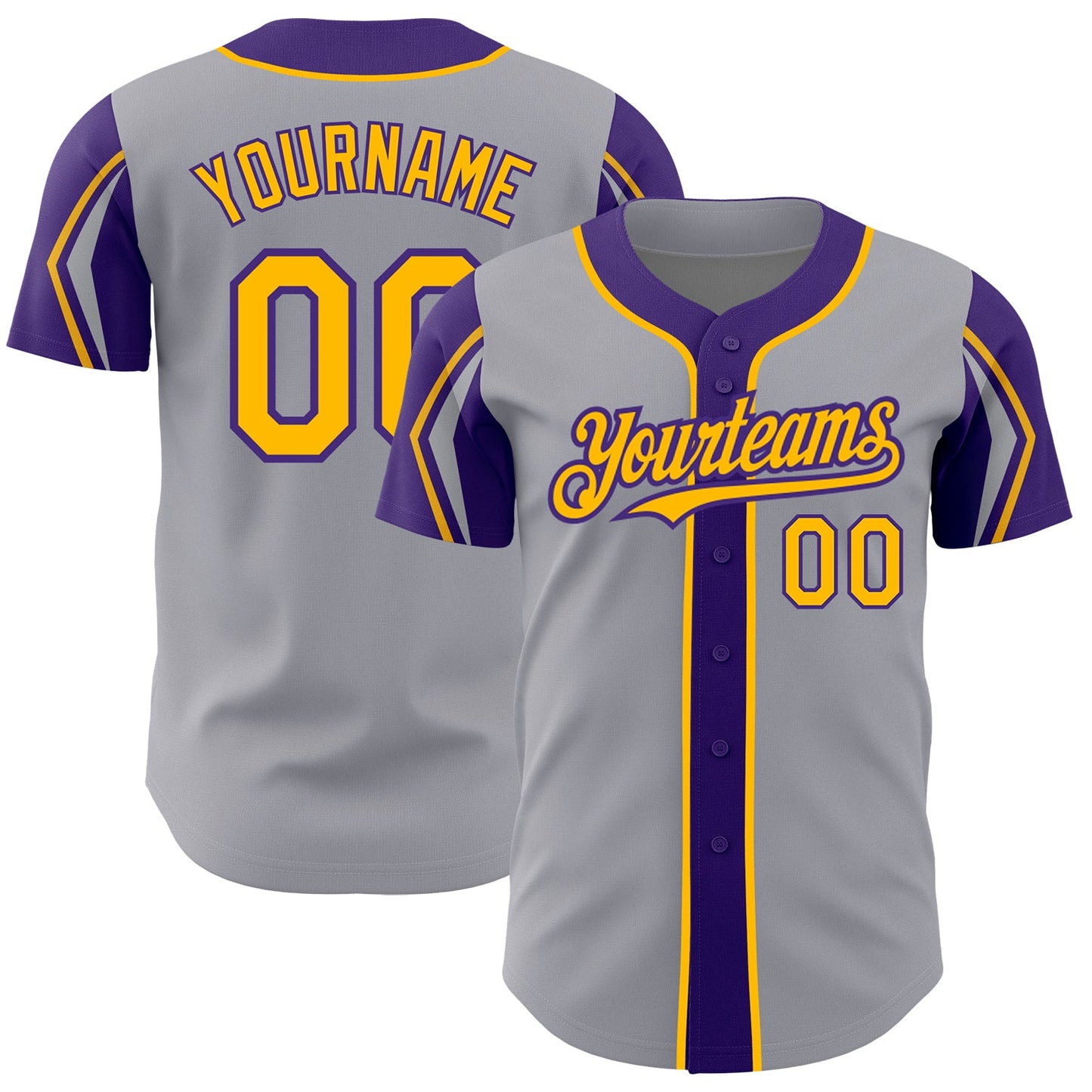 Custom Gray Gold-Purple 3 Colors Arm Shapes Authentic Baseball Jersey - Main View