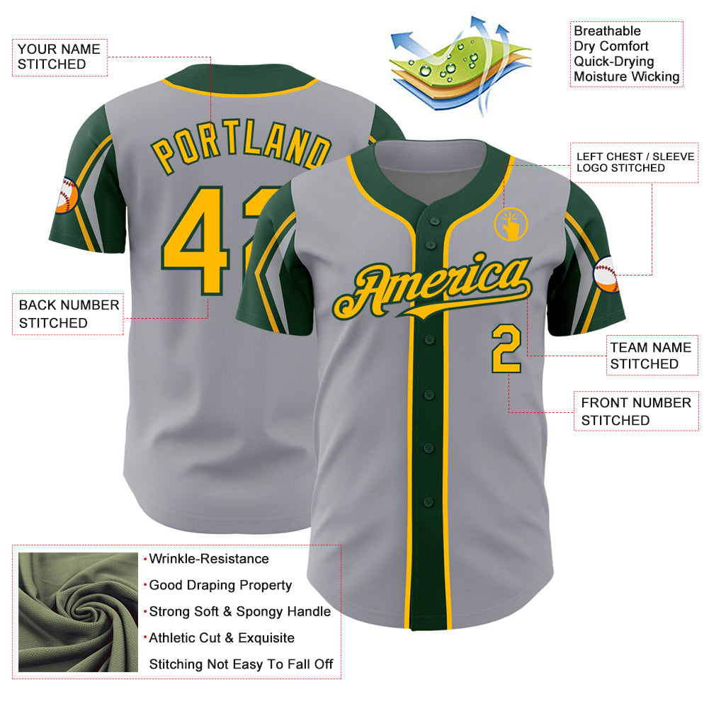 Custom Gray Gold-Green 3 Colors Arm Shapes Authentic Baseball Jersey view 4