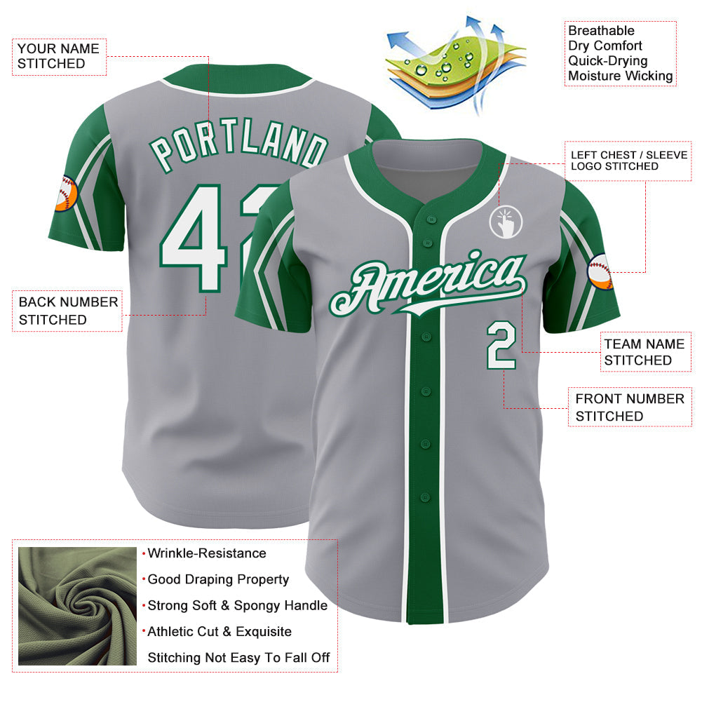 Custom Gray White-Kelly Green 3 Colors Arm Shapes Authentic Baseball Jersey view 4
