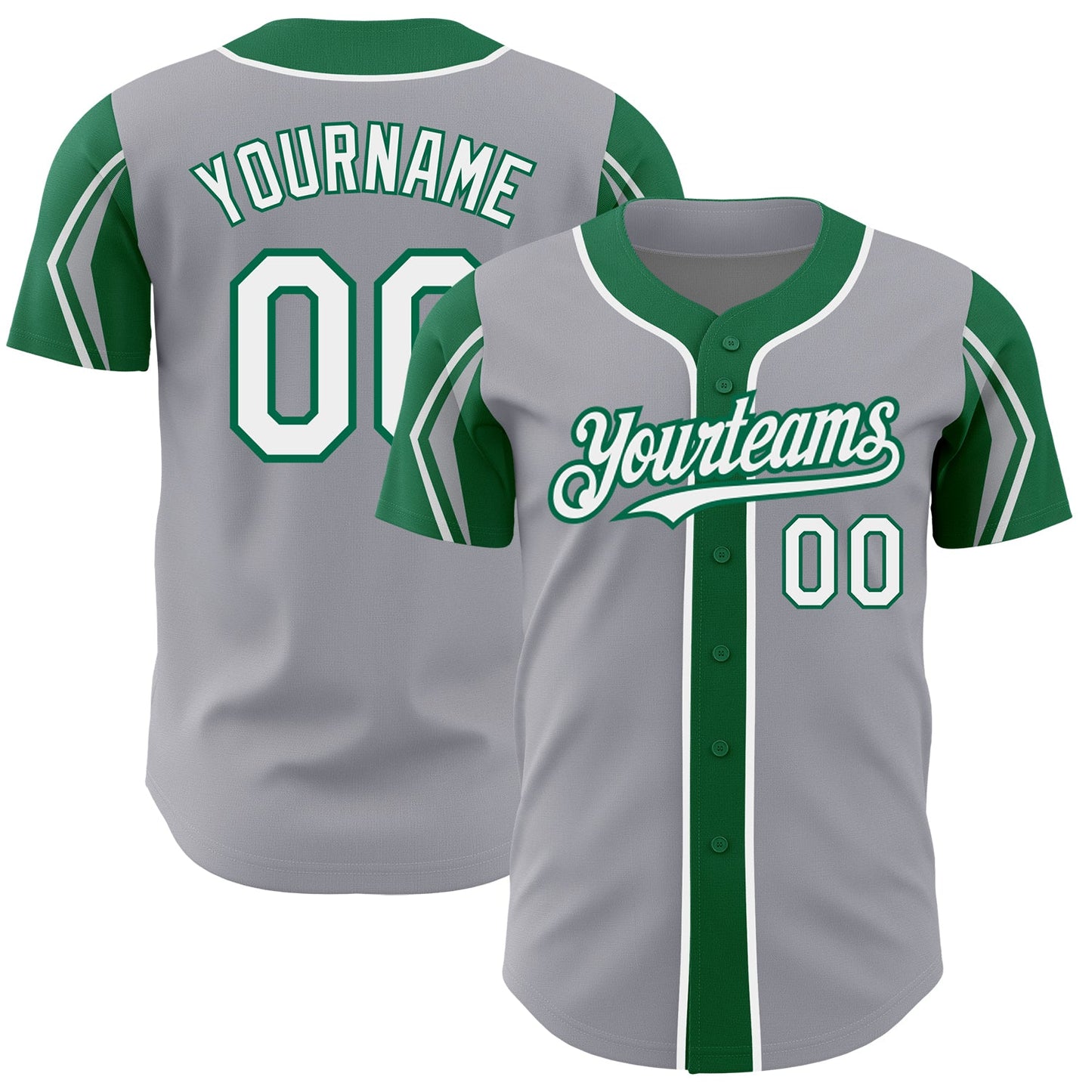 Custom Gray White-Kelly Green 3 Colors Arm Shapes Authentic Baseball Jersey - Main View