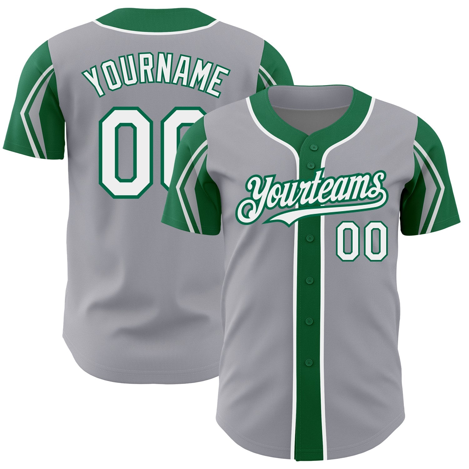 Custom Gray White-Kelly Green 3 Colors Arm Shapes Authentic Baseball Jersey - Main View
