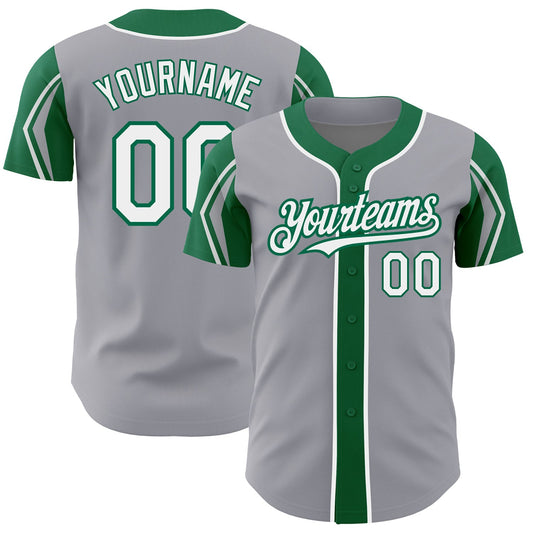Custom Gray White-Kelly Green 3 Colors Arm Shapes Authentic Baseball Jersey - Main View