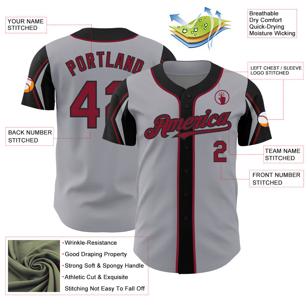 Custom Gray Crimson-Black 3 Colors Arm Shapes Authentic Baseball Jersey view 4