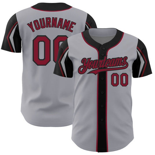 Custom Gray Crimson-Black 3 Colors Arm Shapes Authentic Baseball Jersey - Main View