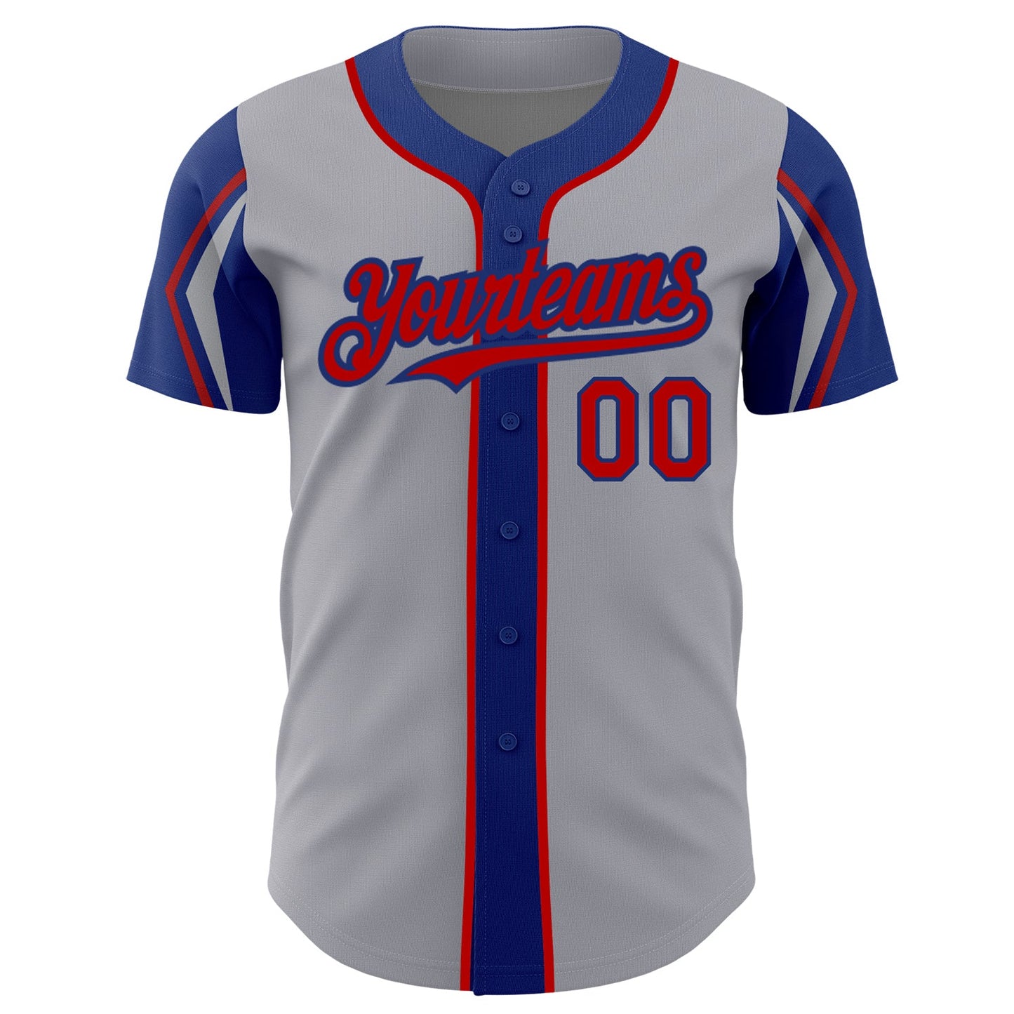 Custom Gray Red-Royal 3 Colors Arm Shapes Authentic Baseball Jersey view 3