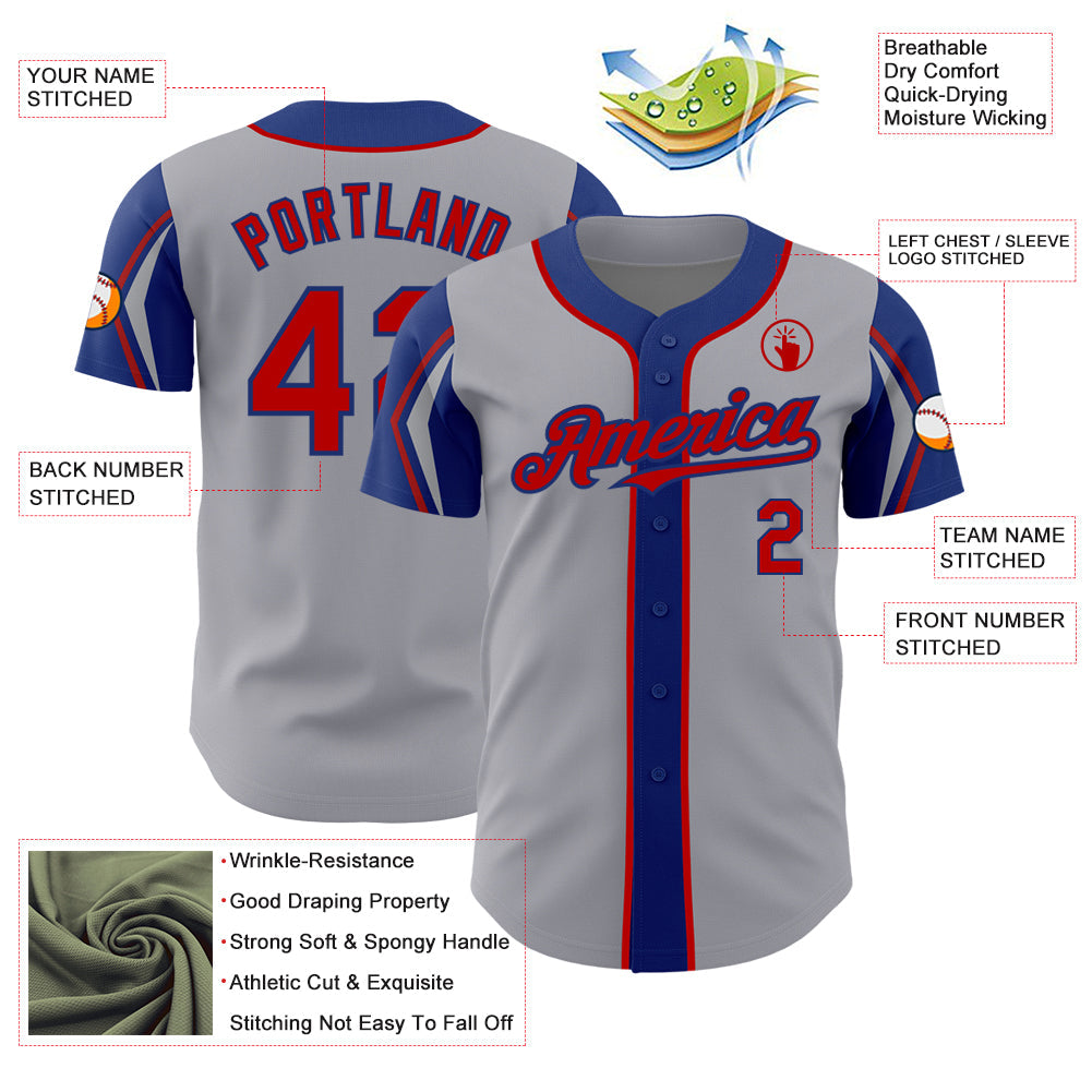 Custom Gray Red-Royal 3 Colors Arm Shapes Authentic Baseball Jersey view 4
