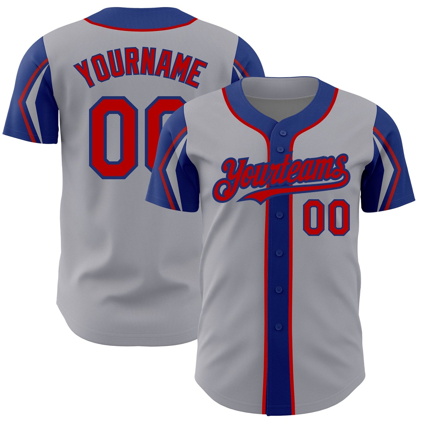 Custom Gray Red-Royal 3 Colors Arm Shapes Authentic Baseball Jersey - Main View