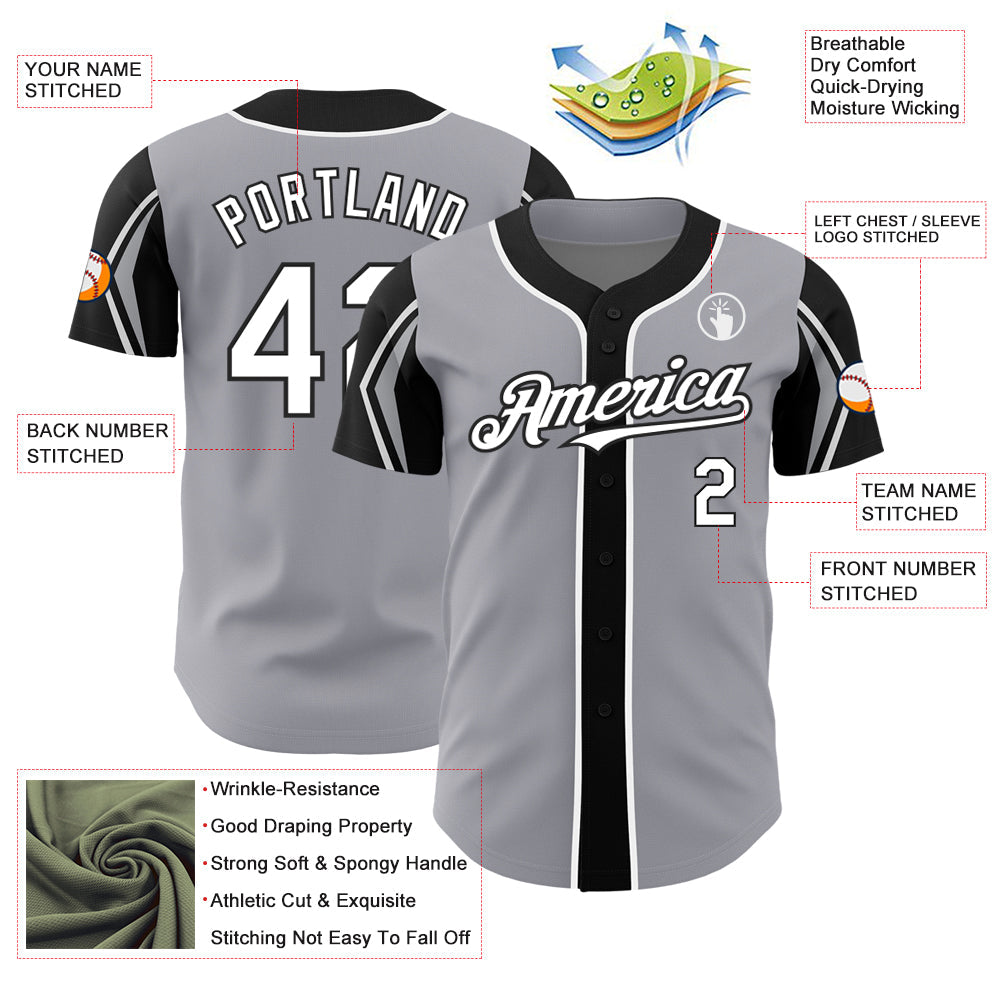 Custom Gray White-Black 3 Colors Arm Shapes Authentic Baseball Jersey view 4