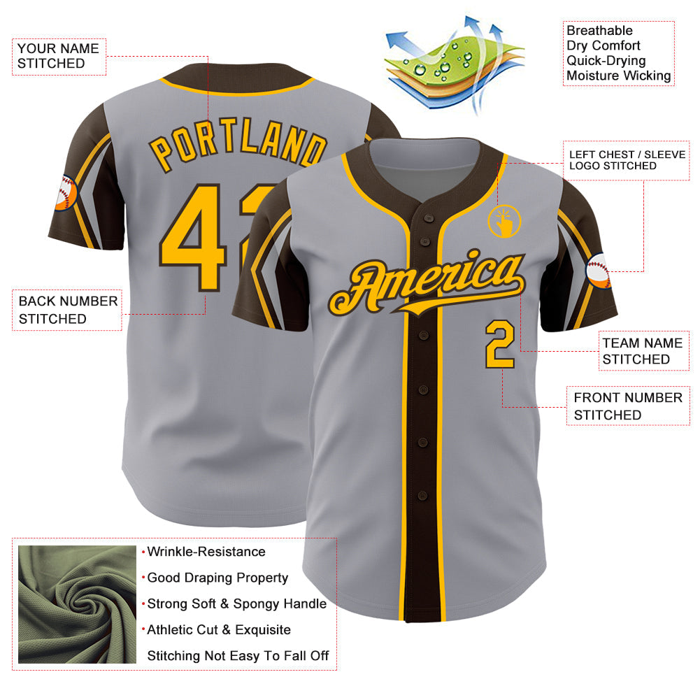 Custom Gray Gold-Brown 3 Colors Arm Shapes Authentic Baseball Jersey view 4