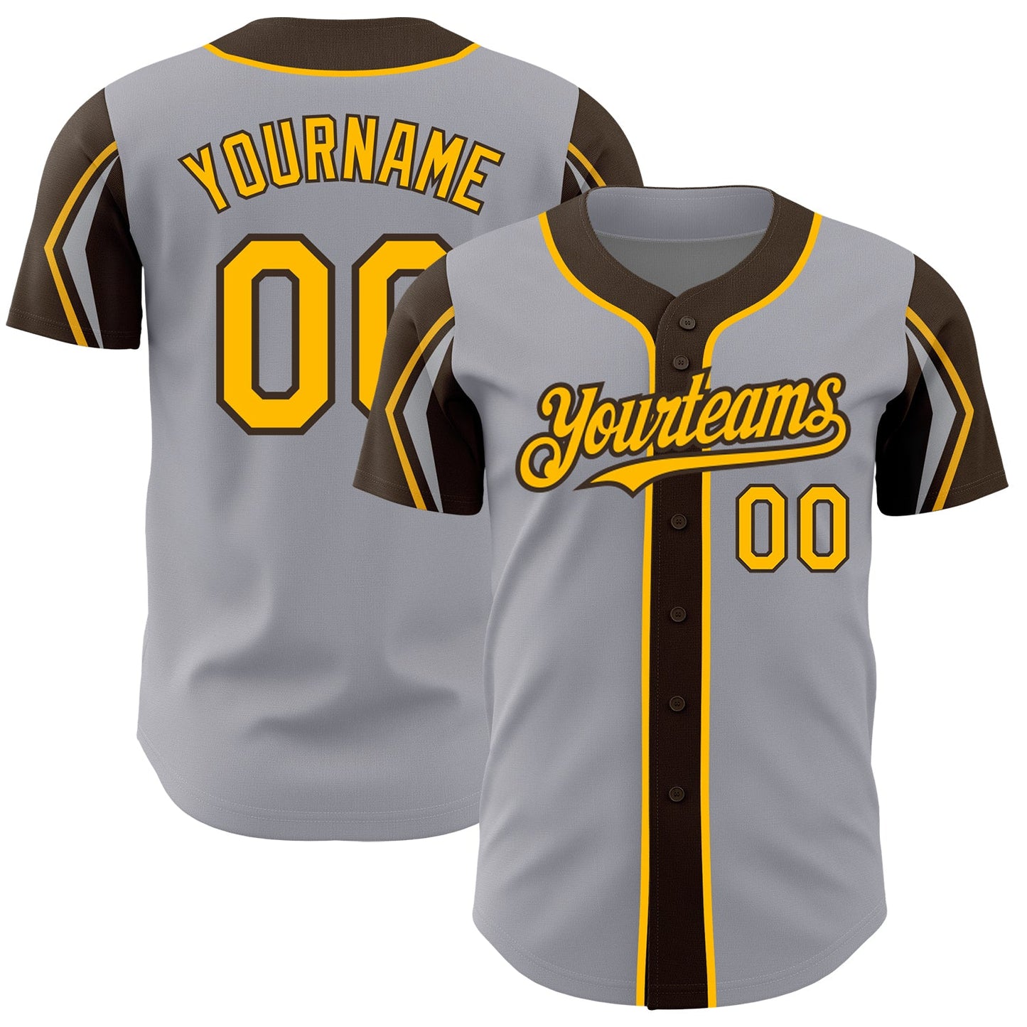 Custom Gray Gold-Brown 3 Colors Arm Shapes Authentic Baseball Jersey - Main View