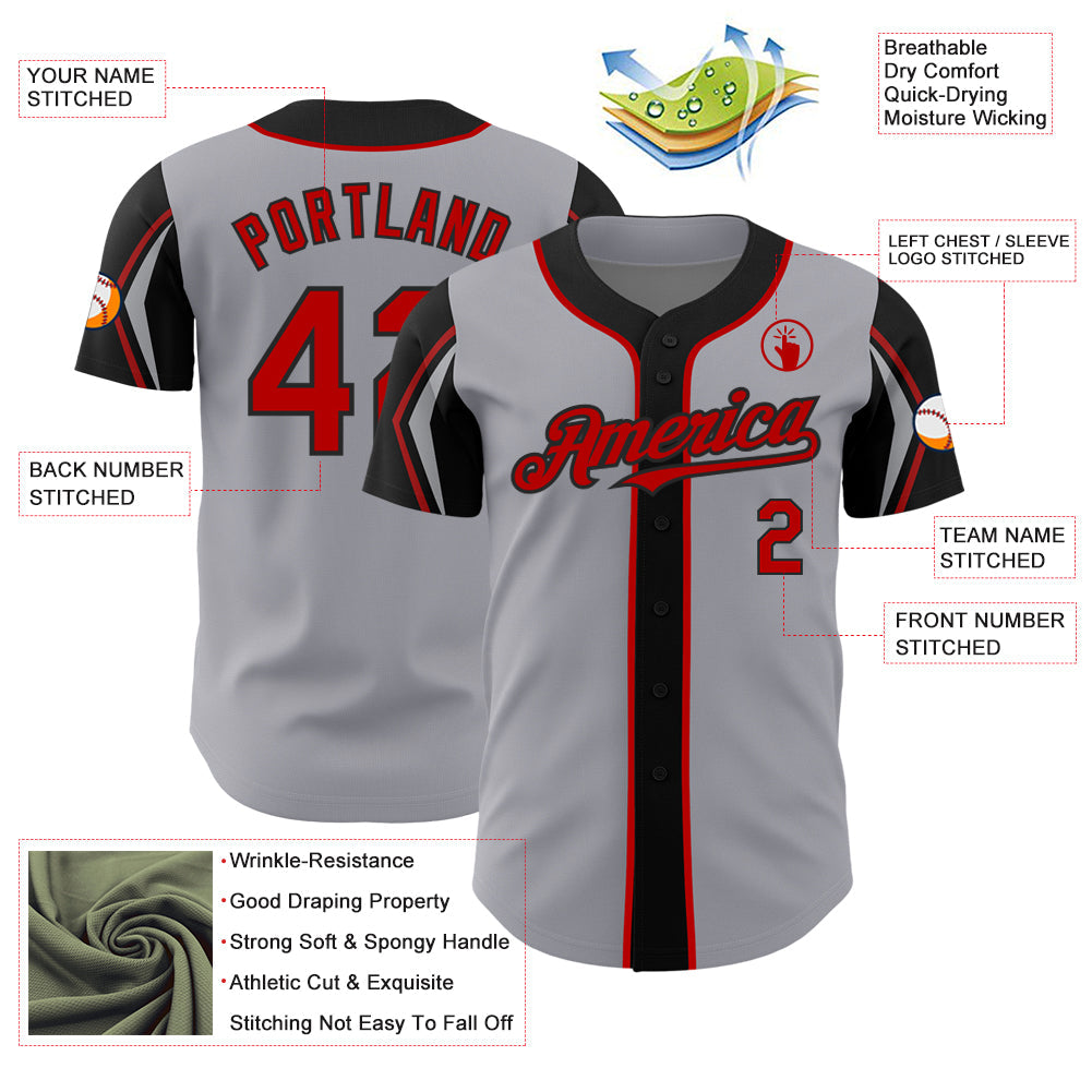 Custom Gray Red-Black 3 Colors Arm Shapes Authentic Baseball Jersey view 4