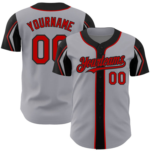 Custom Gray Red-Black 3 Colors Arm Shapes Authentic Baseball Jersey - Main View