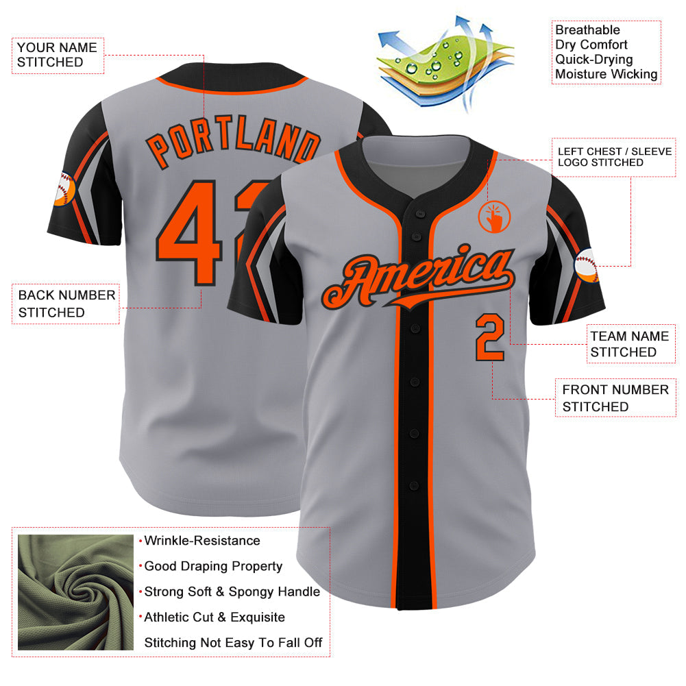 Custom Gray Orange-Black 3 Colors Arm Shapes Authentic Baseball Jersey view 4