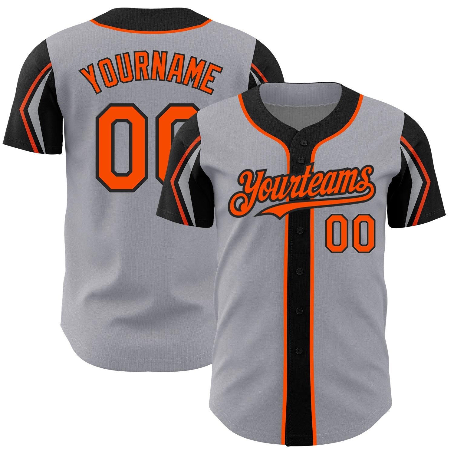 Custom Gray Orange-Black 3 Colors Arm Shapes Authentic Baseball Jersey - Main View