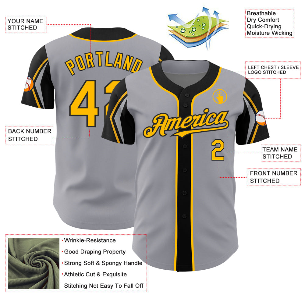 Custom Gray Gold-Black 3 Colors Arm Shapes Authentic Baseball Jersey view 4
