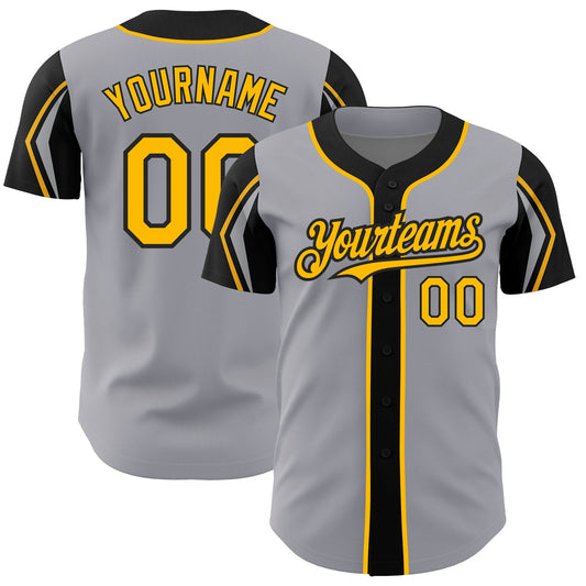 Custom Gray Gold-Black 3 Colors Arm Shapes Authentic Baseball Jersey - Main View