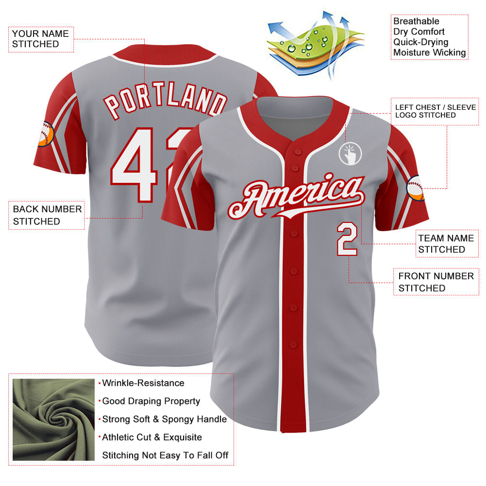Custom Gray White-Red 3 Colors Arm Shapes Authentic Baseball Jersey view 4