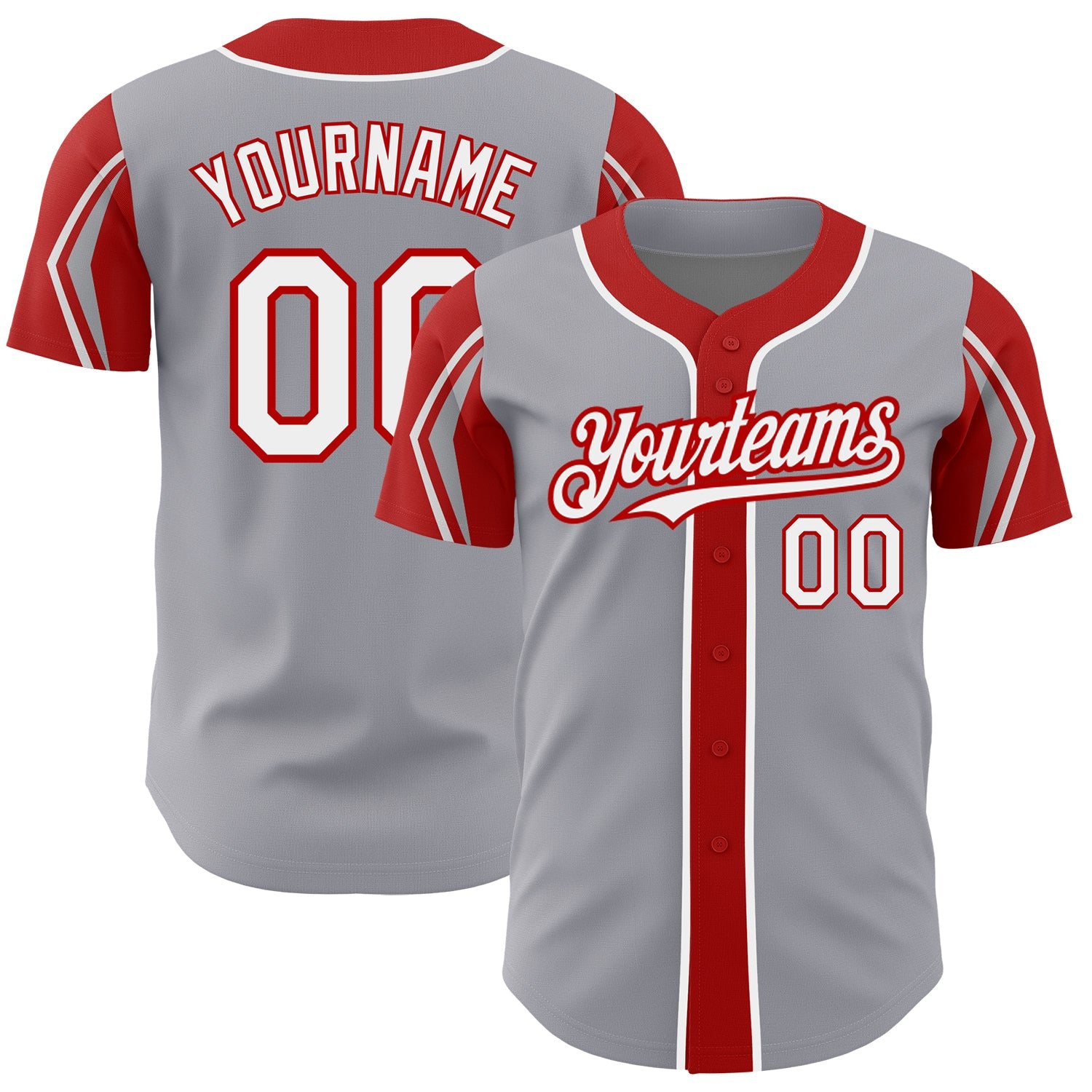 Custom Gray White-Red 3 Colors Arm Shapes Authentic Baseball Jersey - Main View