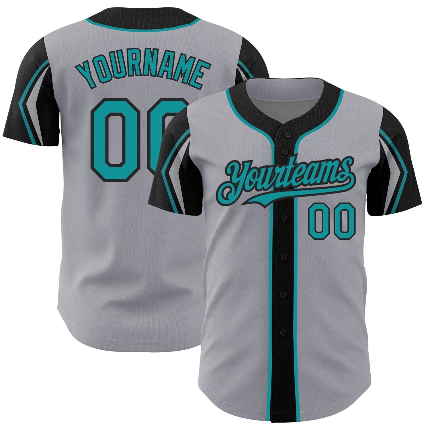 Custom Gray Teal-Black 3 Colors Arm Shapes Authentic Baseball Jersey - Main View