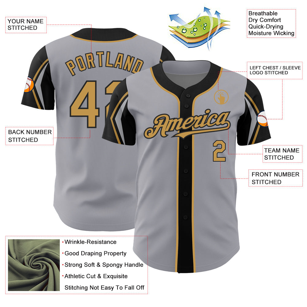 Custom Gray Old Gold-Black 3 Colors Arm Shapes Authentic Baseball Jersey view 4