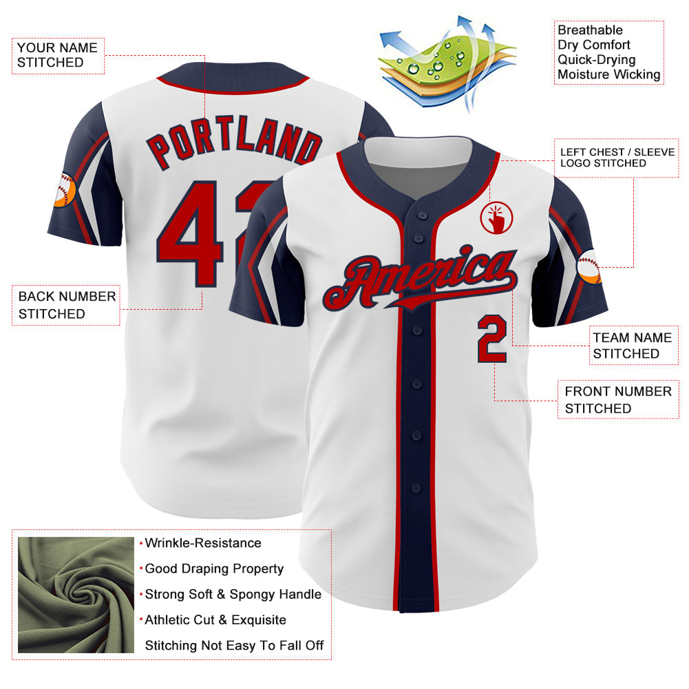 Custom White Red-Navy 3 Colors Arm Shapes Authentic Baseball Jersey view 4