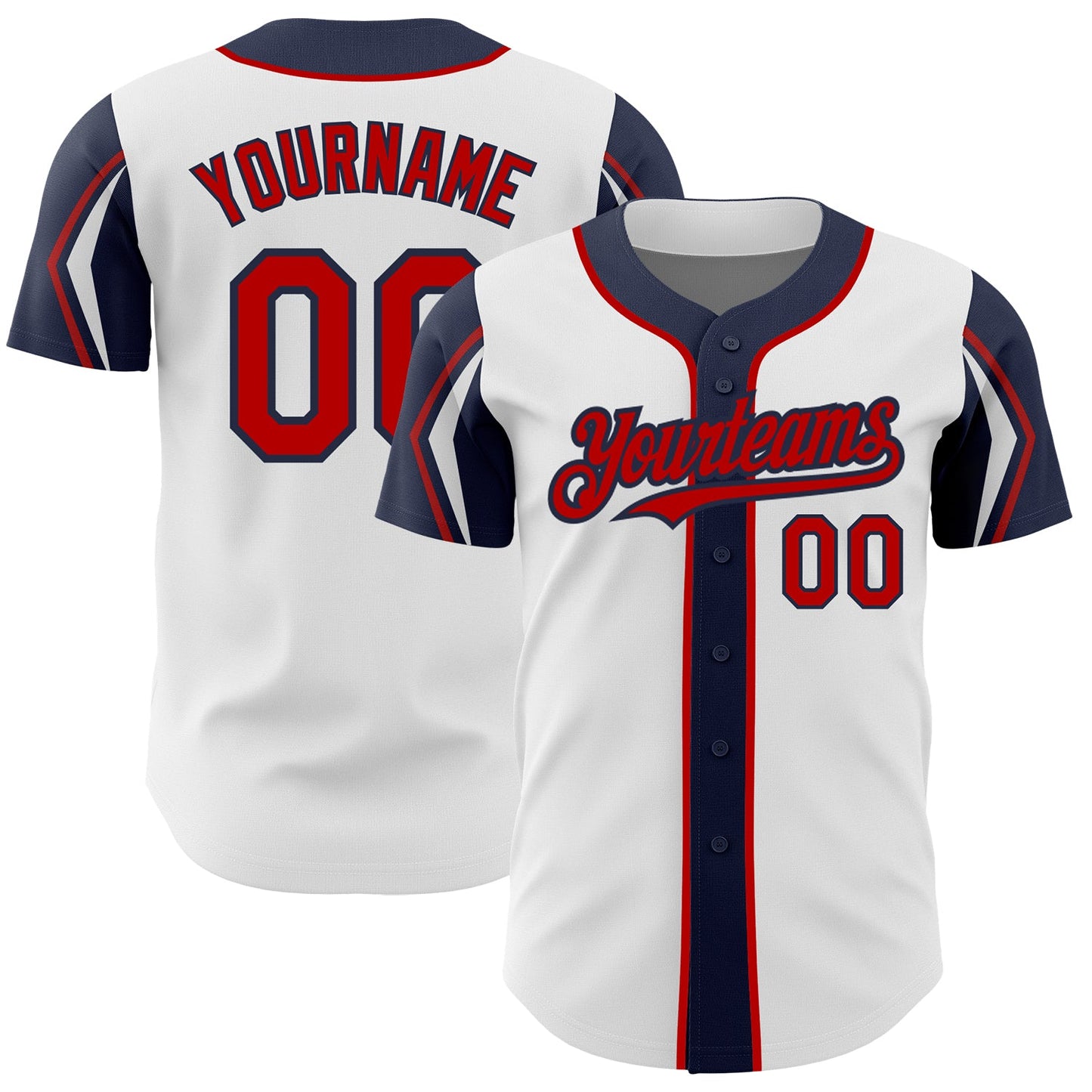 Custom White Red-Navy 3 Colors Arm Shapes Authentic Baseball Jersey - Main View
