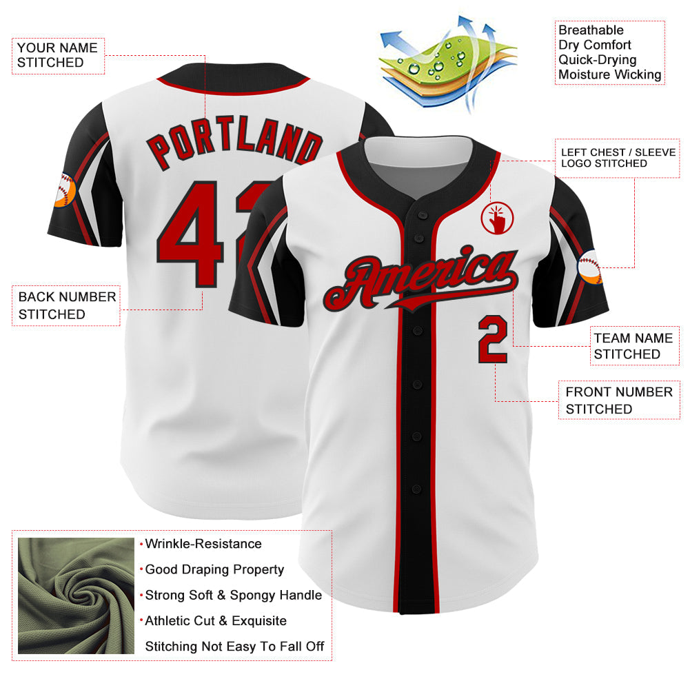 Custom White Red-Black 3 Colors Arm Shapes Authentic Baseball Jersey view 4