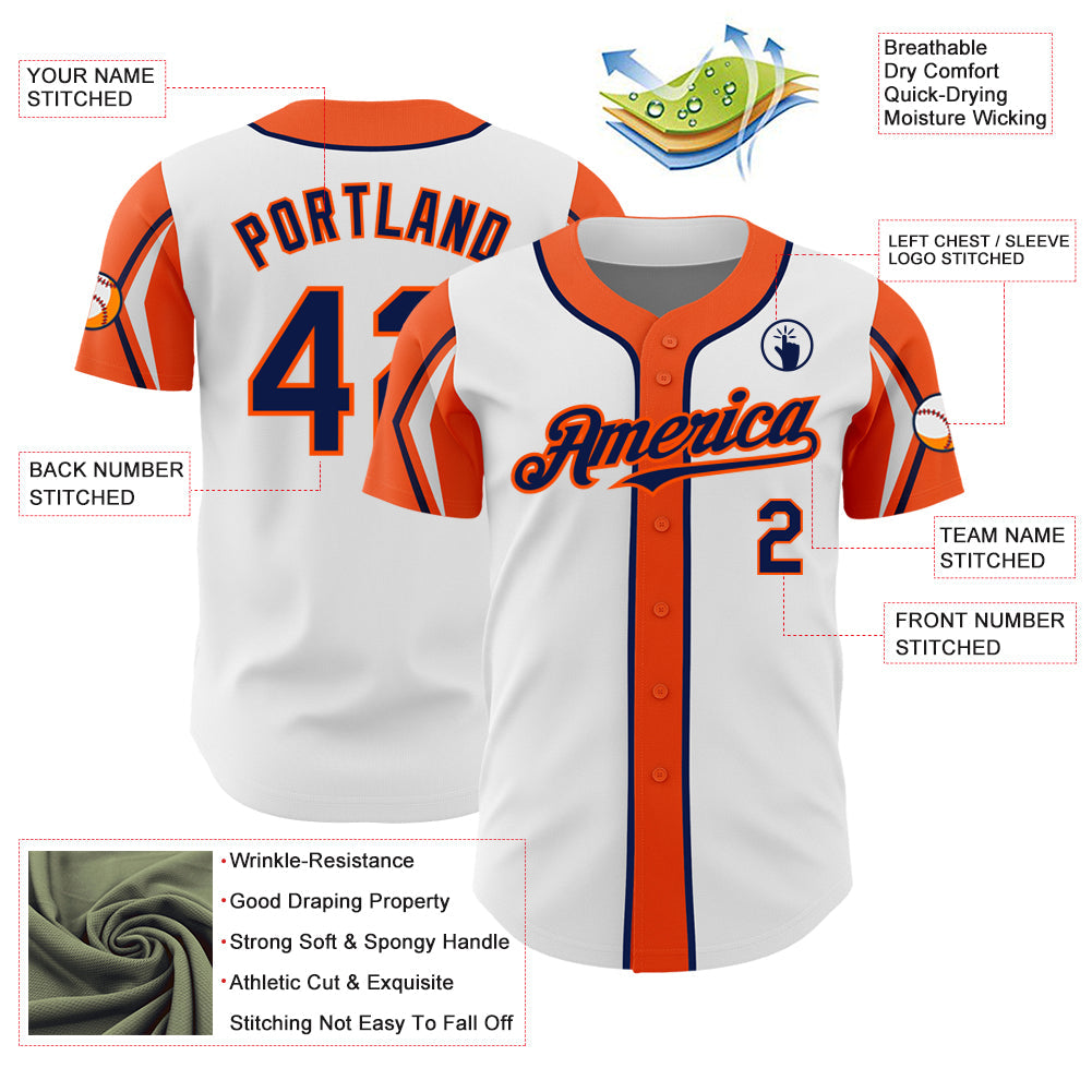 Custom White Navy-Orange 3 Colors Arm Shapes Authentic Baseball Jersey view 4