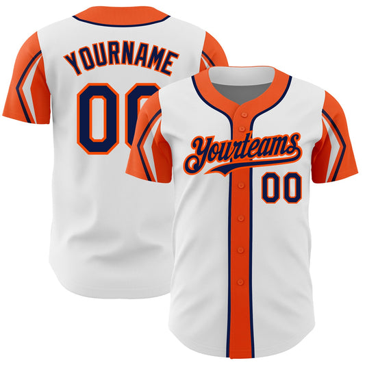 Custom White Navy-Orange 3 Colors Arm Shapes Authentic Baseball Jersey - Main View