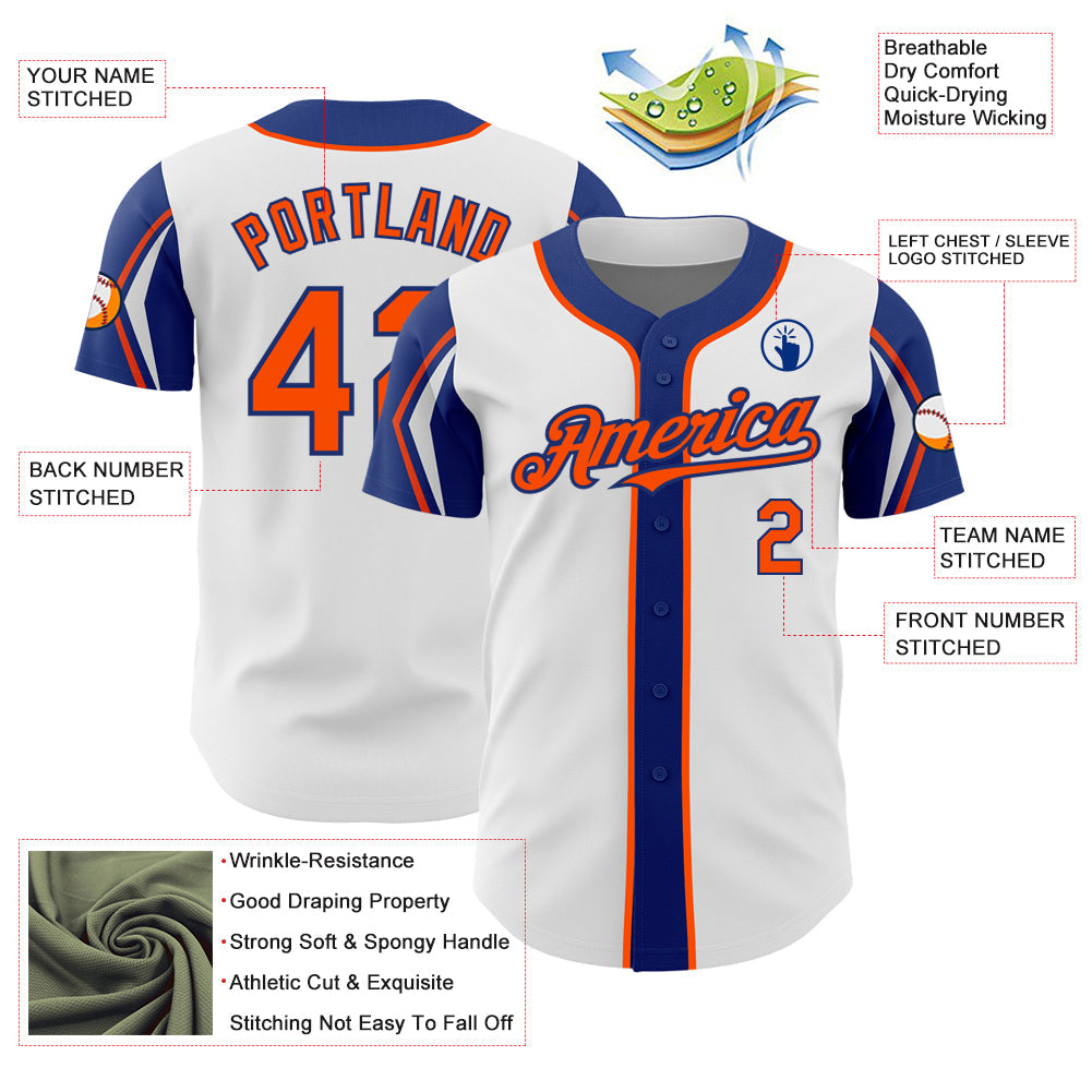Custom White Orange-Royal 3 Colors Arm Shapes Authentic Baseball Jersey view 4