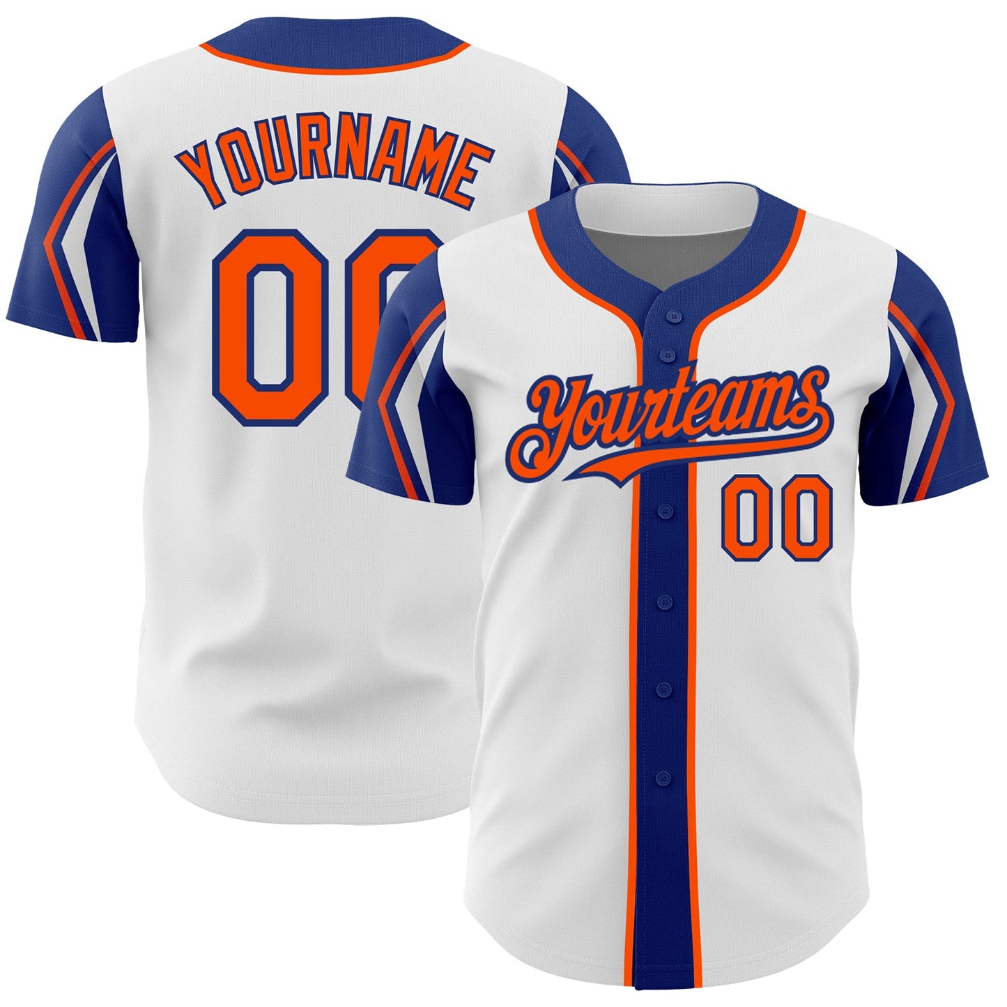 Custom White Orange-Royal 3 Colors Arm Shapes Authentic Baseball Jersey - Main View