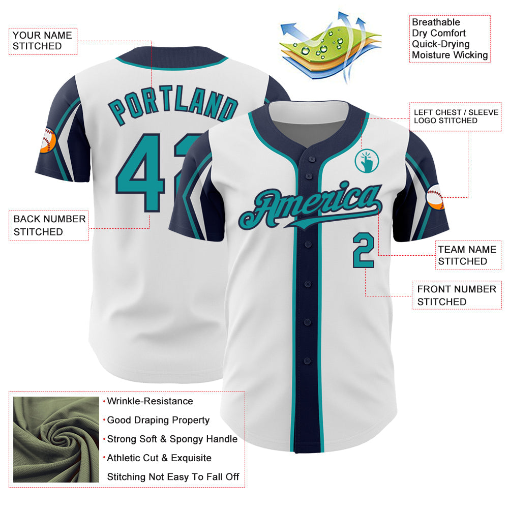 Custom White Teal-Navy 3 Colors Arm Shapes Authentic Baseball Jersey view 4