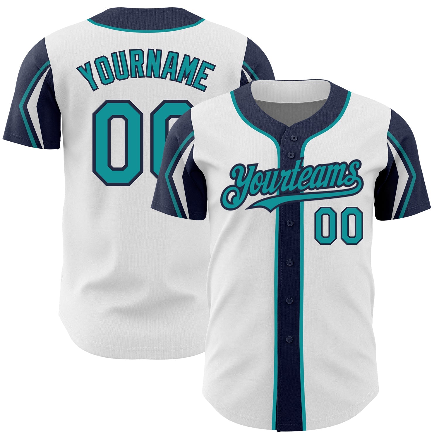 Custom White Teal-Navy 3 Colors Arm Shapes Authentic Baseball Jersey - Main View