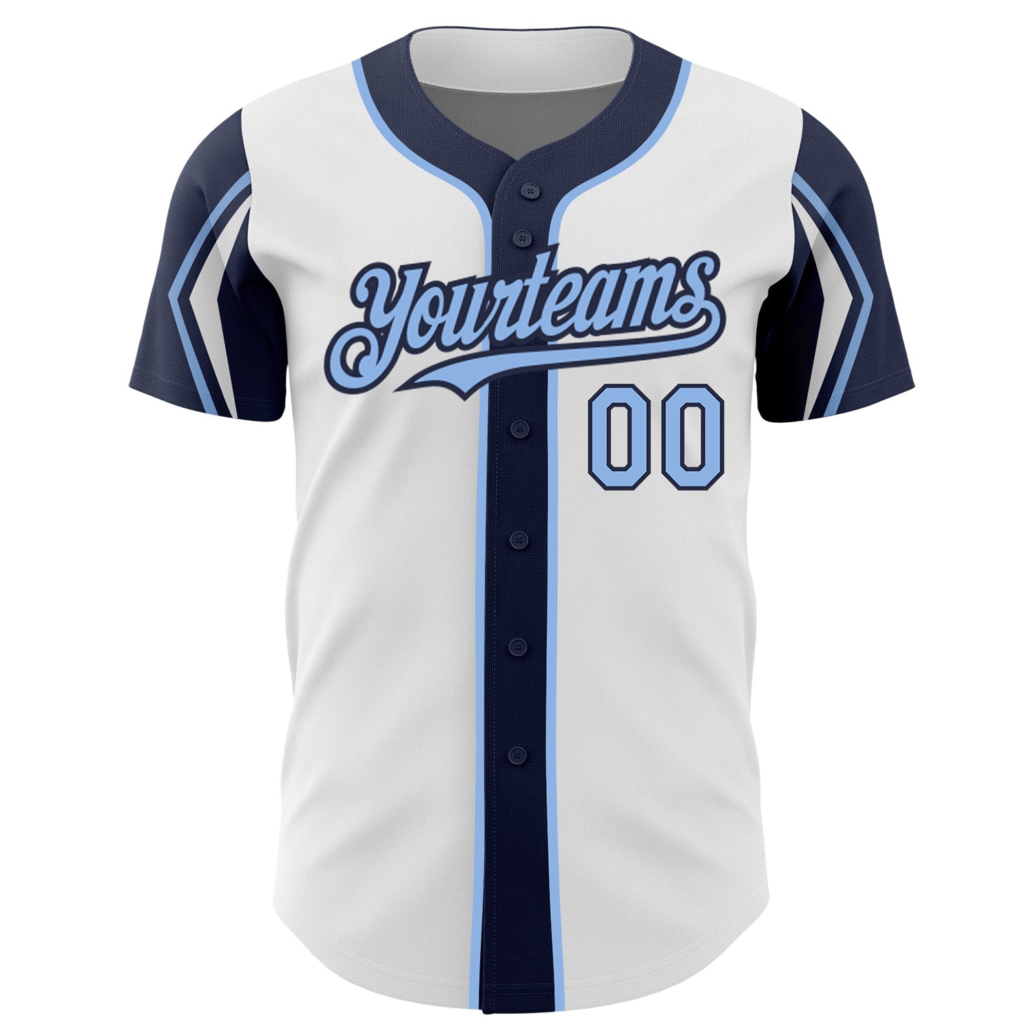 Custom White Light Blue-Navy 3 Colors Arm Shapes Authentic Baseball Jersey view 3