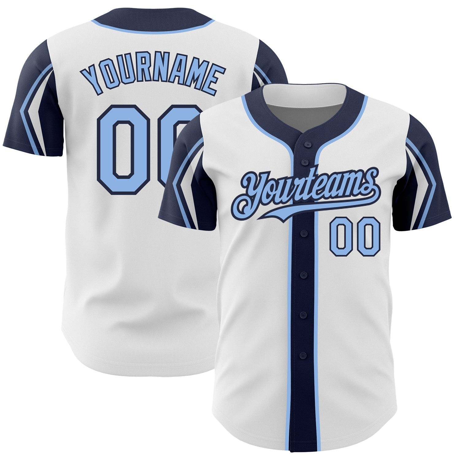 Custom White Light Blue-Navy 3 Colors Arm Shapes Authentic Baseball Jersey - Main View