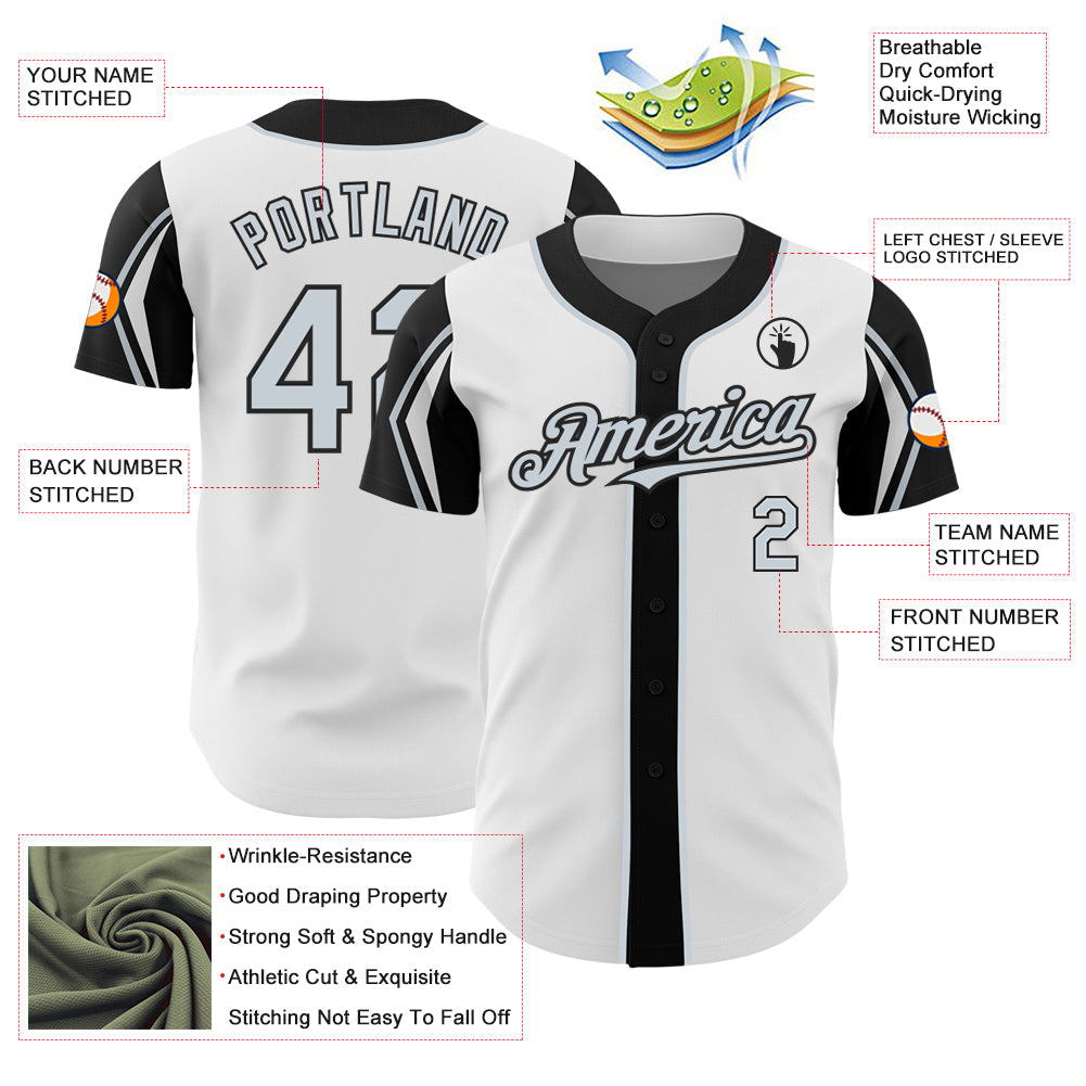 Custom White Silver-Black 3 Colors Arm Shapes Authentic Baseball Jersey view 4