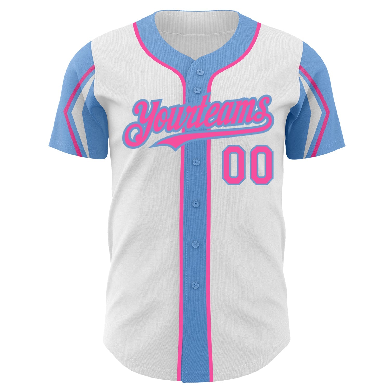 Custom White Pink-Light Blue 3 Colors Arm Shapes Authentic Baseball Jersey view 3