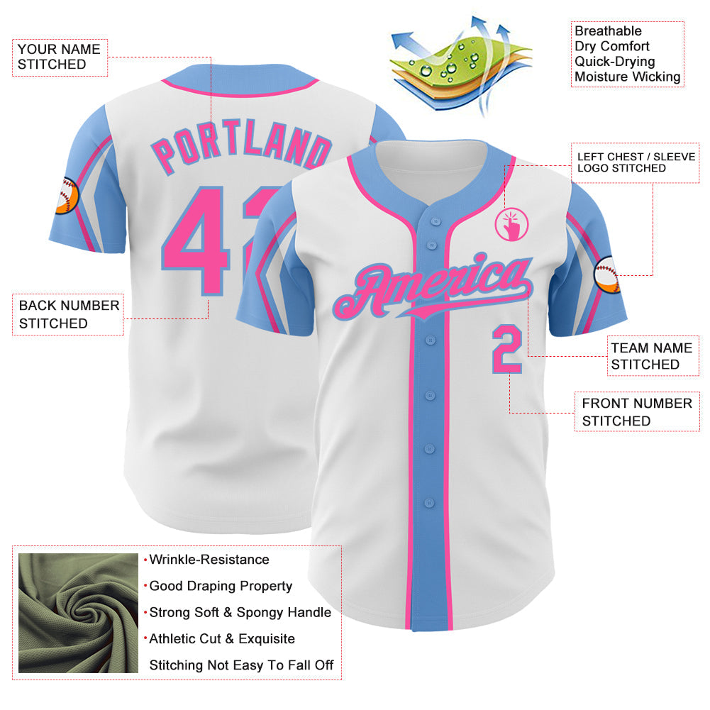 Custom White Pink-Light Blue 3 Colors Arm Shapes Authentic Baseball Jersey view 4