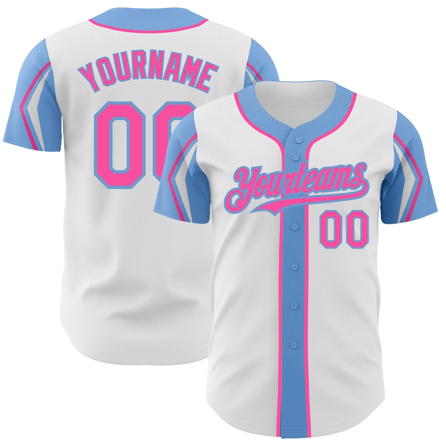 Custom White Pink-Light Blue 3 Colors Arm Shapes Authentic Baseball Jersey - Main View
