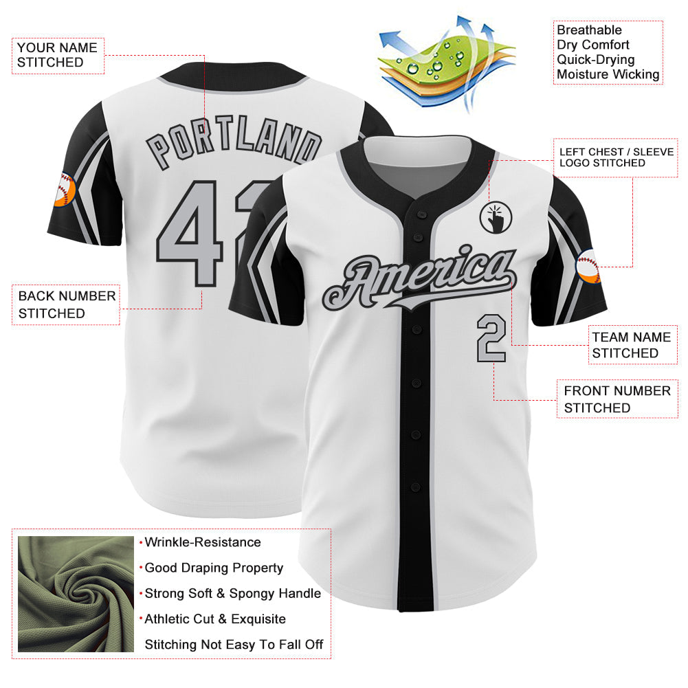 Custom White Gray-Black 3 Colors Arm Shapes Authentic Baseball Jersey view 4
