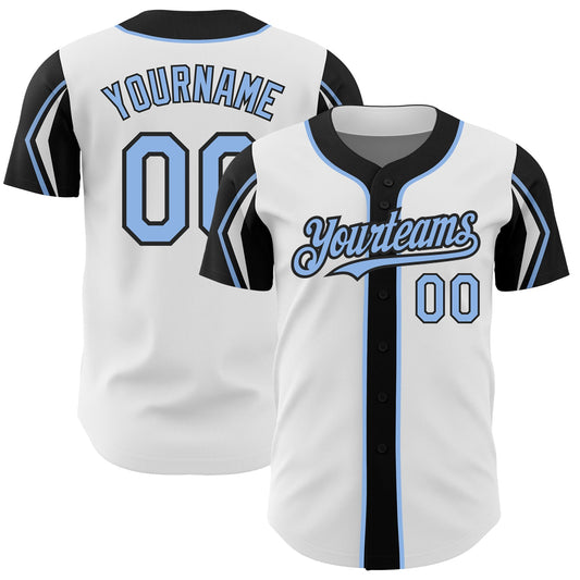 Custom White Light Blue-Black 3 Colors Arm Shapes Authentic Baseball Jersey - Main View