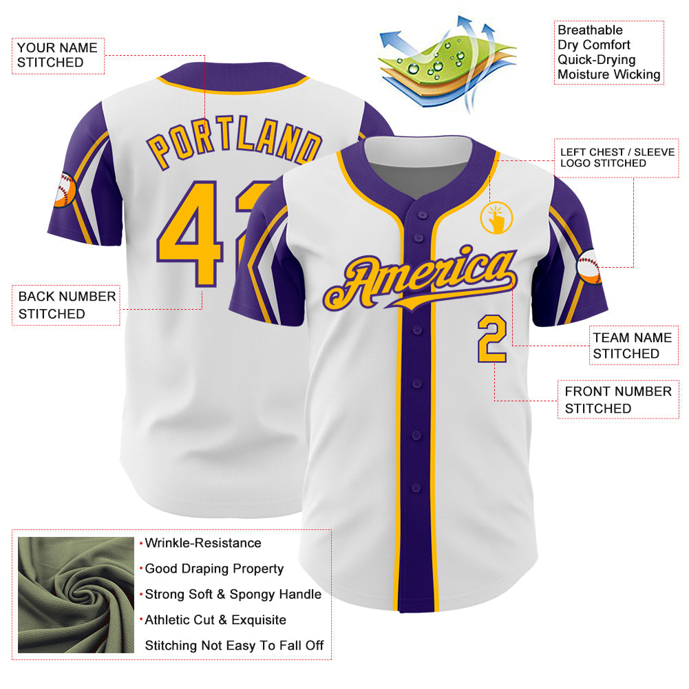 Custom White Gold-Purple 3 Colors Arm Shapes Authentic Baseball Jersey view 4