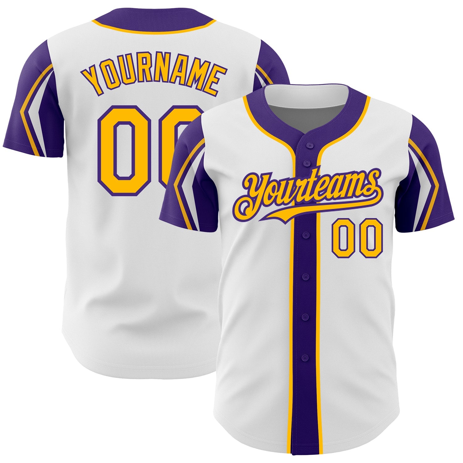 Custom White Gold-Purple 3 Colors Arm Shapes Authentic Baseball Jersey - Main View