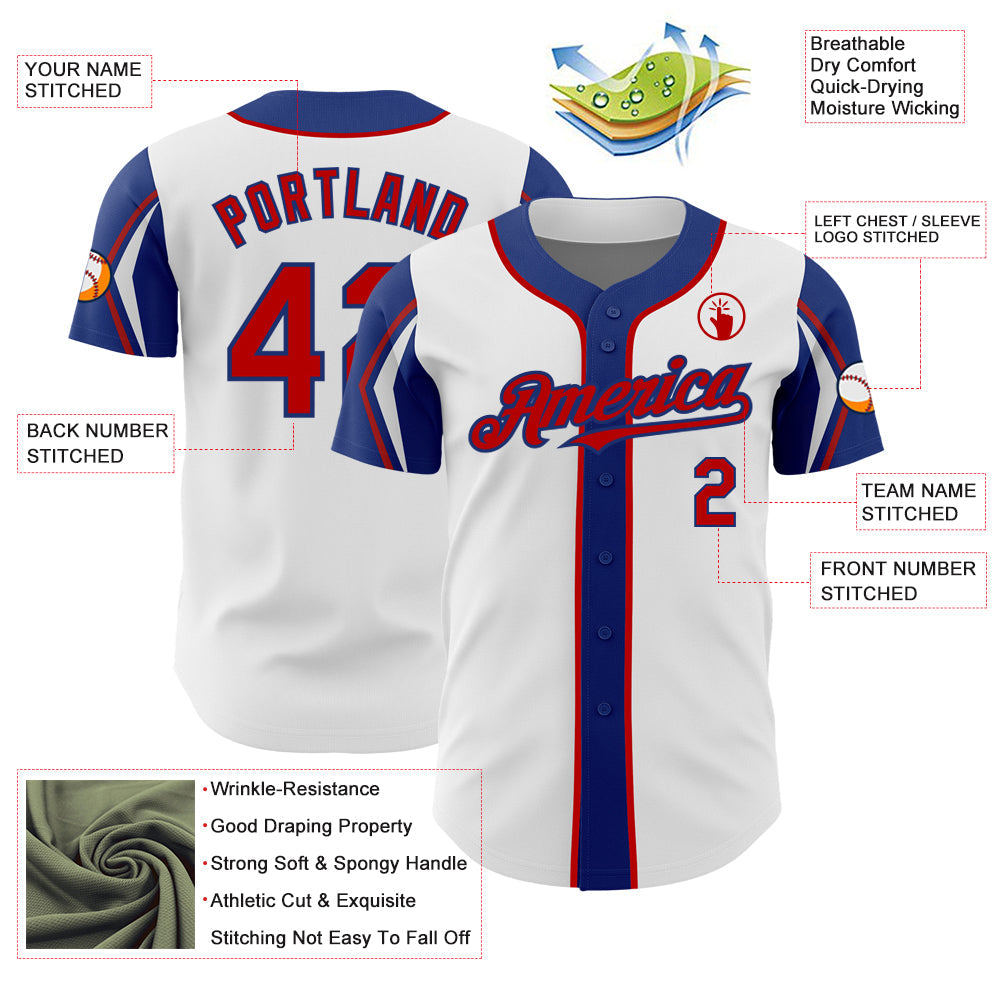 Custom White Red-Royal 3 Colors Arm Shapes Authentic Baseball Jersey view 4
